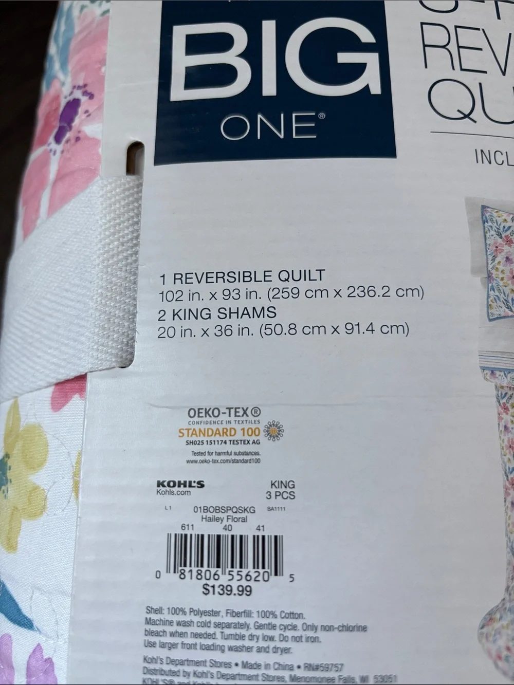 Kohls The Big One 3 pc.reversible quilt set Haley floral pattern,reverse stripes